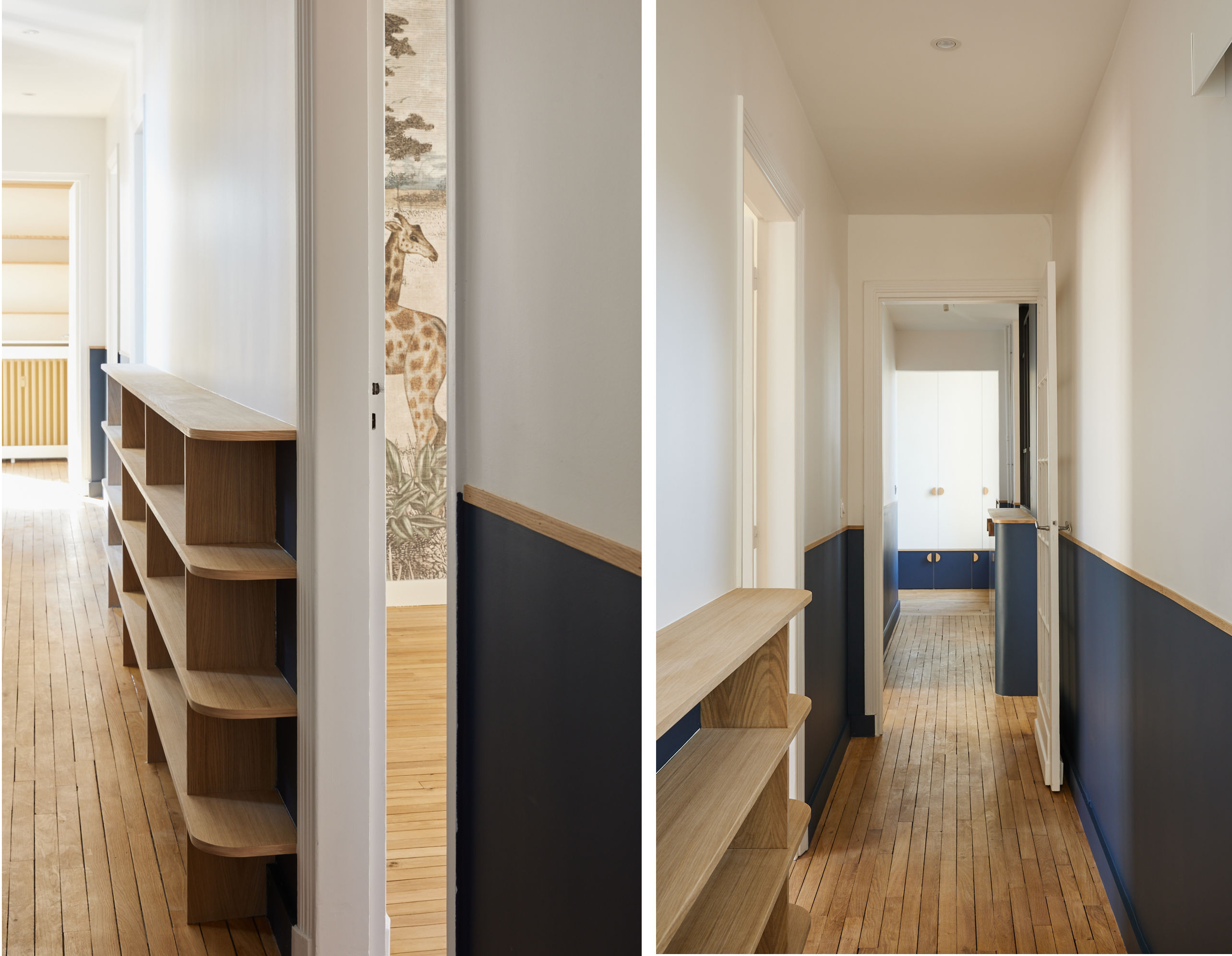 Rénovation appartement couloir et détail bibliothèque sur mesure