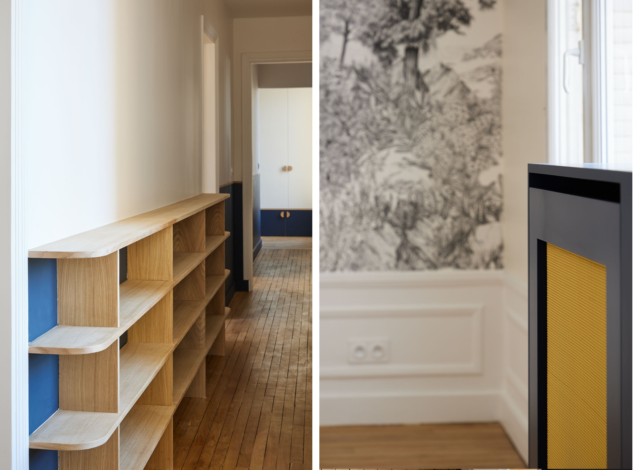 Rénovation appartement détail bibliothèque et cache radiateur