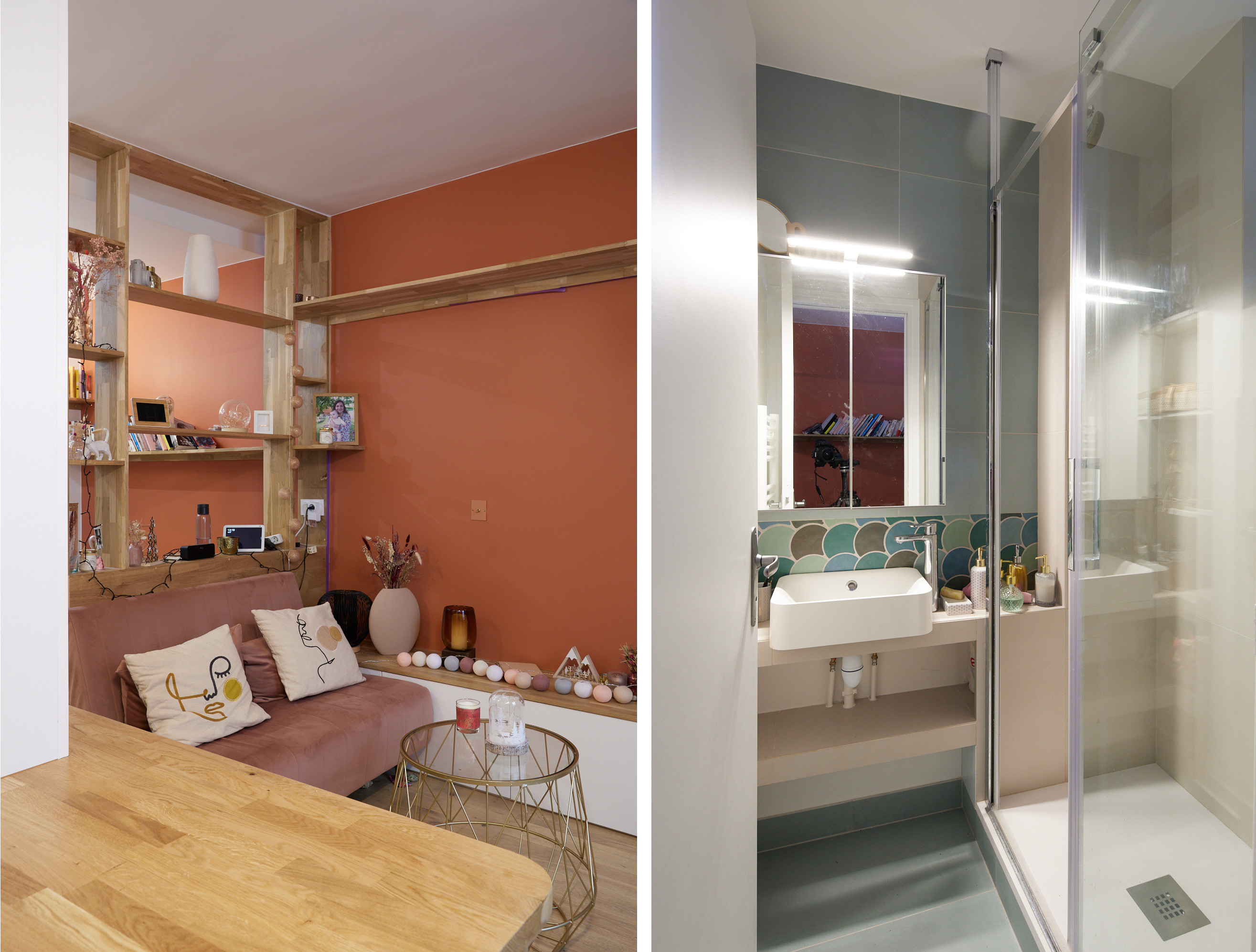 renovation studio détail menuiserie salon et salle de bain